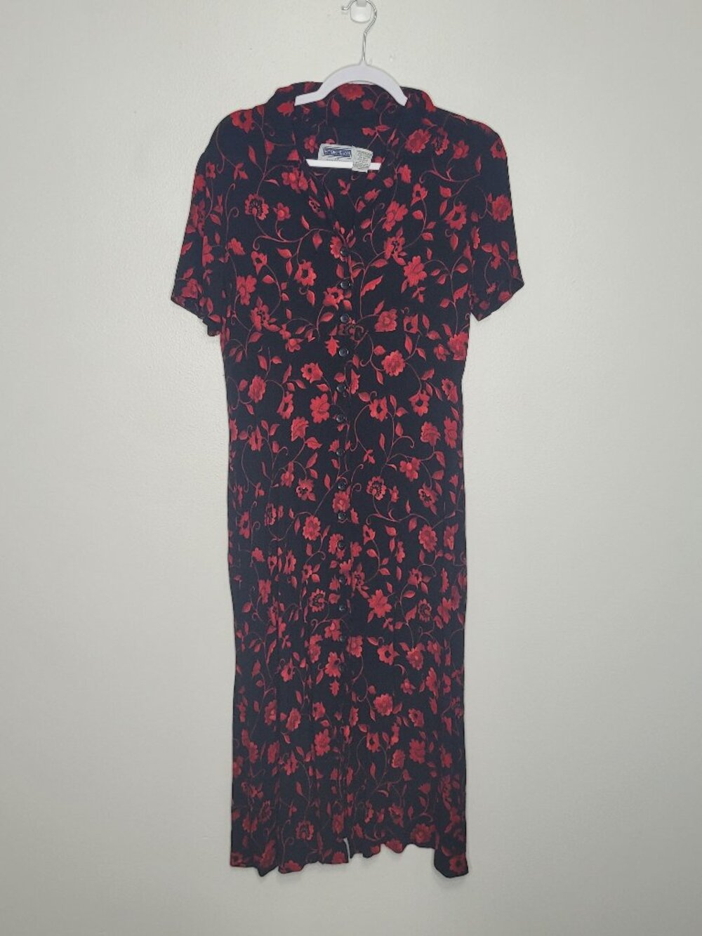 Prophecy red black flower print button front tie back grunge modest dress 14